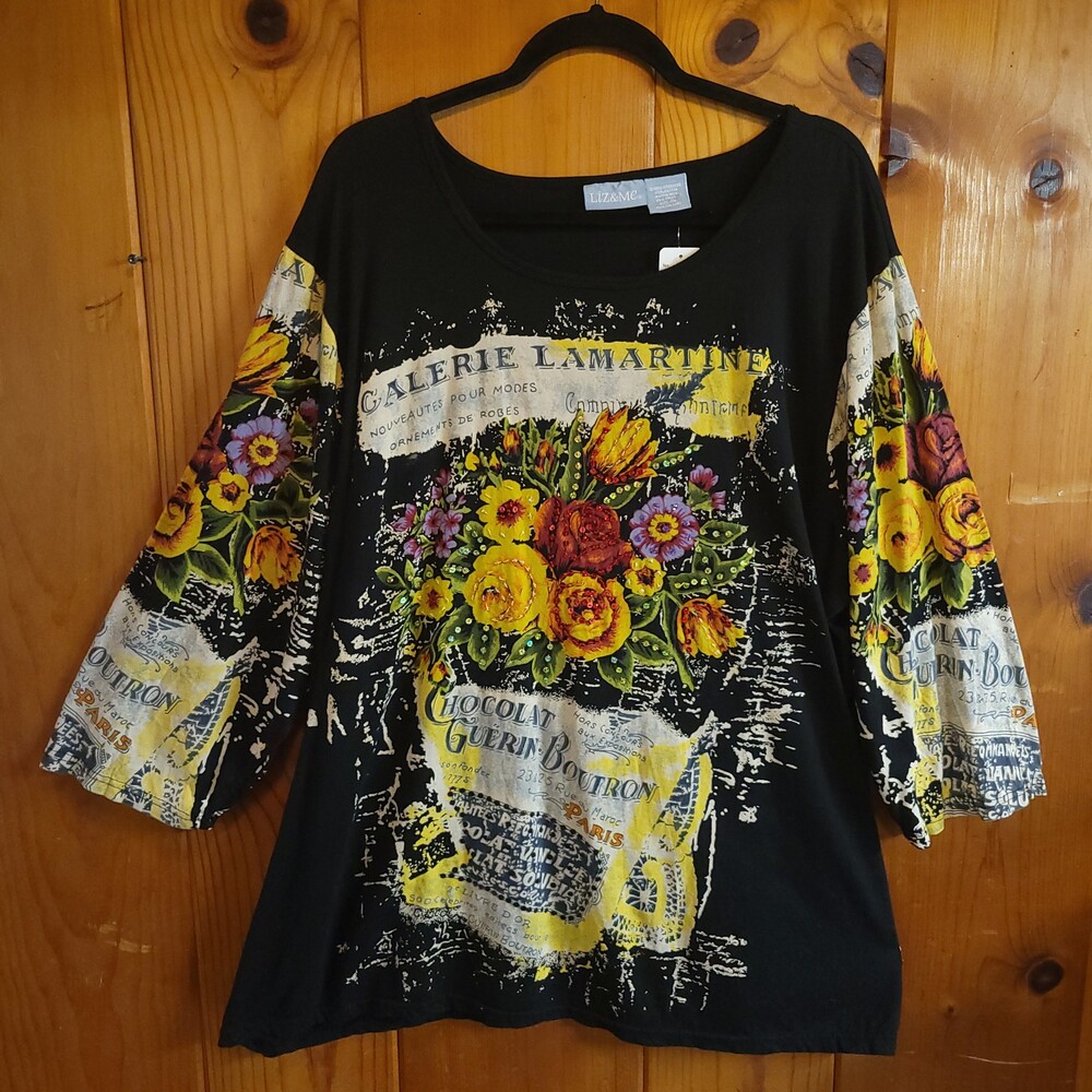 Vintage y2k Liz & Me 3X Black Cotton Shirt plus Floral Print Galerie Lamartine